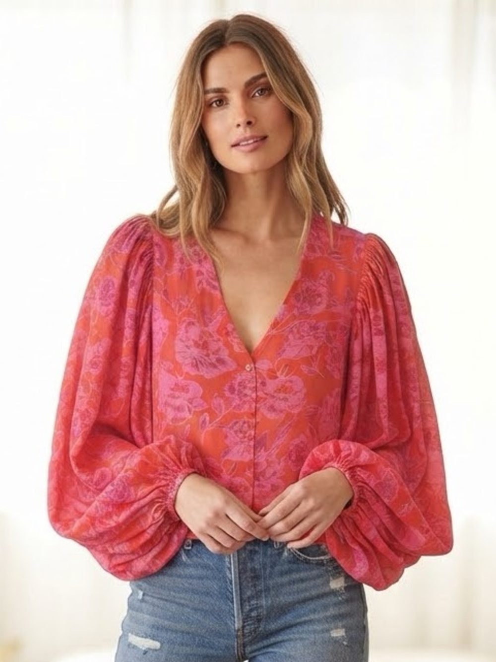 Jen's Pirate Booty Floral V-Neck Balloon Sleeve Top - Pink & Red P/S